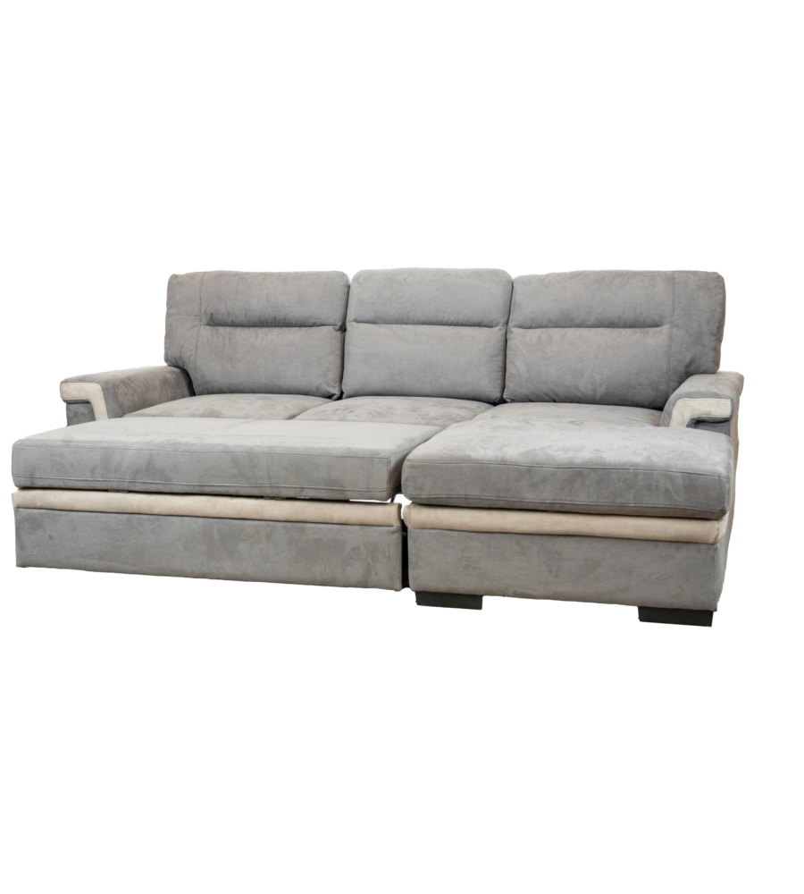DIVANO LETTO ANGOLARE "ERIKA" IN TESSUTO GRIGIO CON PENISOLA A DESTRA, 254X92/165X102 CM